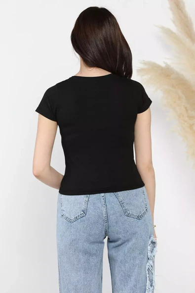 Siyah Kadın Bisiklet Yaka T-shirt - 3