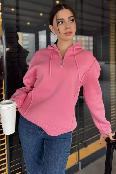 Pembe Yarım Fermuarlı Üç İplik Şardonlu Kadın Sweatshirt - 1