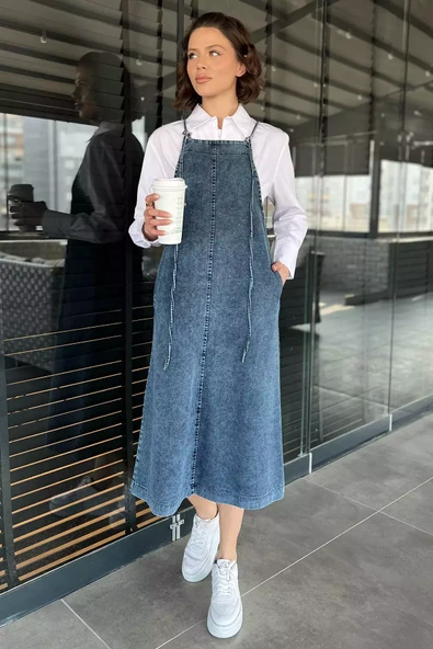 Koyumavi Kadın Ayarlanabilir Askılı Cepli Jean Kot Salopet Elbise - 2