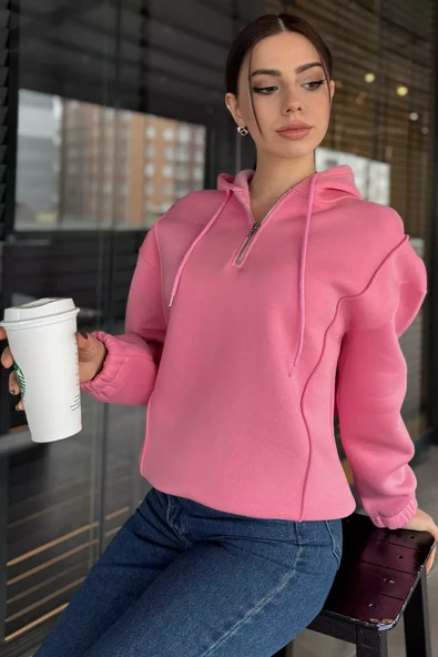 Pembe Yarım Fermuarlı Üç İplik Şardonlu Kadın Sweatshirt - 2