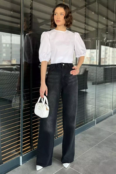 Siyah Kesik Paça Kadın Mom Jean Kot Pantolon