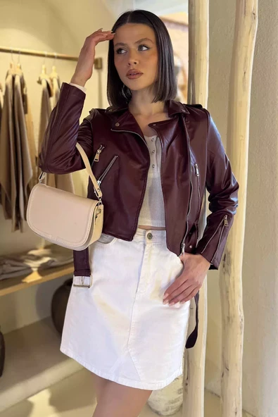 Bordo Kadın Kemer Detaylı Fermuarlı Crop Top Suni Deri Ceket - 2