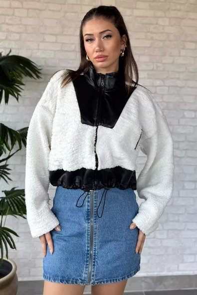Krem Kadın Deri Garnili Cepli Peluş Ceket - 2