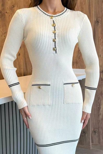 Krem Kadın Fitilli Yarım Düğmeli Triko Elbise - 3