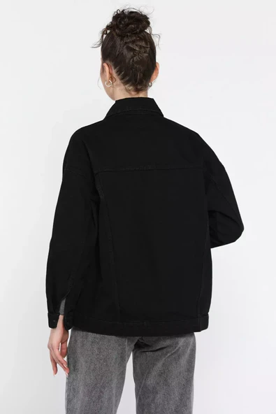 Siyah Kadın Oversize Jean Kot Ceket - 4