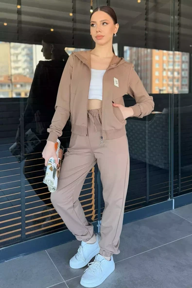 Bisküvi Kadın Kapüşonlu Fermuarlı Sweat Pantolon Eşofman Takımı - 1