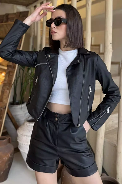 Siyah Kadın Fermuarlı Crop Top Suni Deri Ceket - 2
