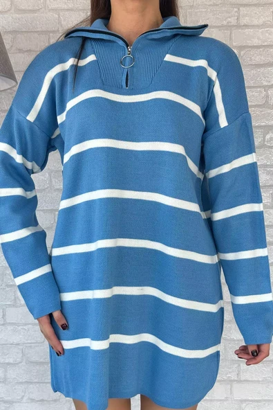 İndigo Çizgili Yarım Fermuarlı Triko Tunik - 3