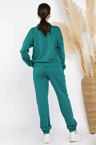 Zümrüt Yeşili Kadın Dik Yaka Yarım Fermuarlı Sweat Pantolon Eşofman Takımı - 3