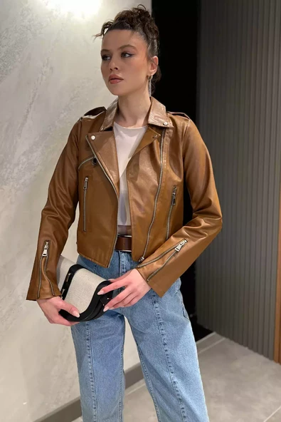 Taba Kadın Fermuarlı Crop Top Suni Deri Ceket