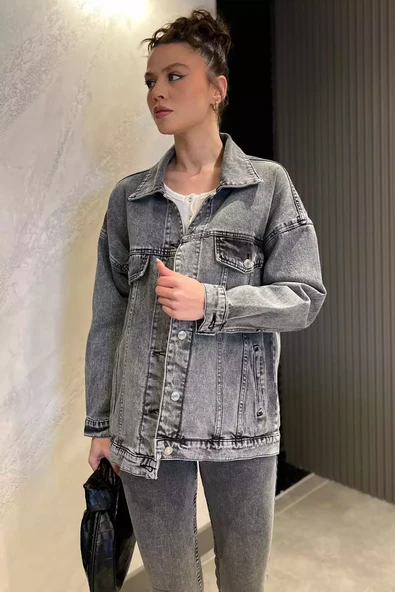 Antrasit Kadın Oversize Jean Kot Ceket - 2