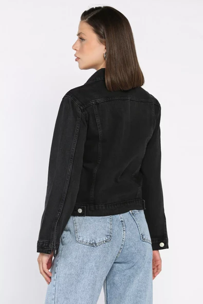 Siyah Kadın Slim Fit Jean Kot Ceket - 1
