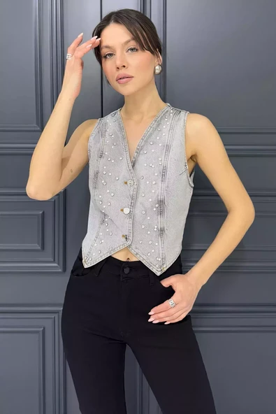 Gri Kadın Taşlı Jean Kot Yelek - 1