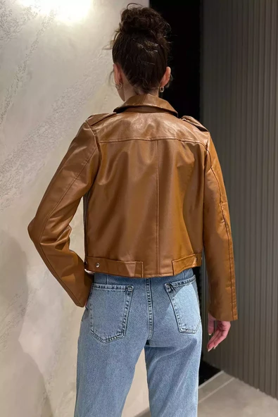 Taba Kadın Fermuarlı Crop Top Suni Deri Ceket - 4