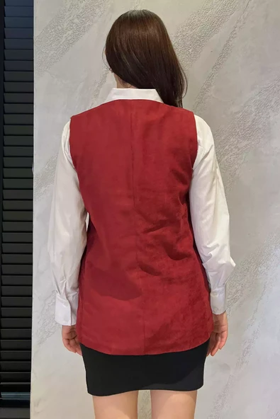 Bordo Kadın Kruvaze Yaka Astarlı Yelek - 4