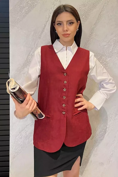Bordo Kadın Kruvaze Yaka Astarlı Yelek - 1