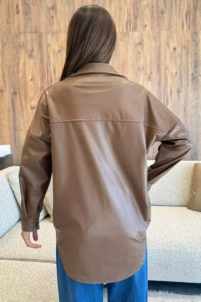Taba Çıtçıtlı Suni Deri Kadın Gömlek - 4