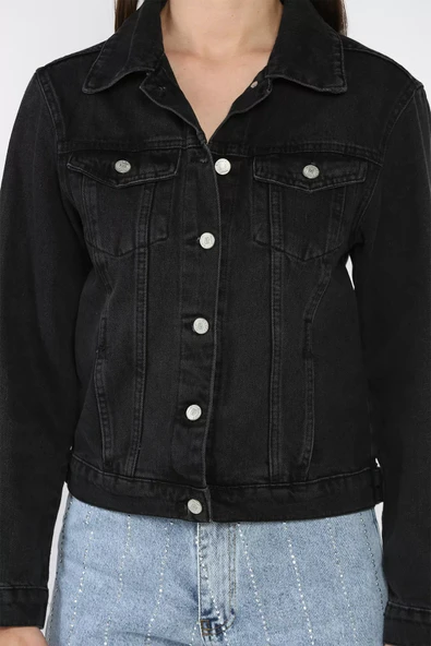 Siyah Kadın Slim Fit Jean Kot Ceket - 3