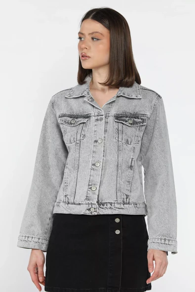 Açıkgri Kadın Slim Fit Jean Kot Ceket - 2