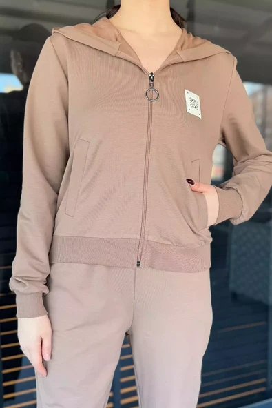 Bisküvi Kadın Kapüşonlu Fermuarlı Sweat Pantolon Eşofman Takımı - 4