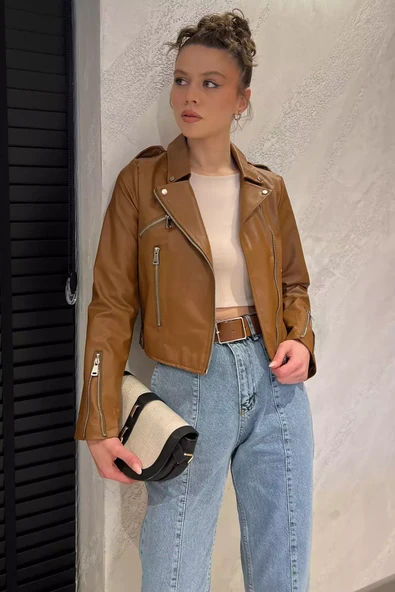 Taba Kadın Fermuarlı Crop Top Suni Deri Ceket - 2