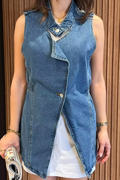 Mavi Kadın Bel Lastkli Jean Kot Yelek - 3