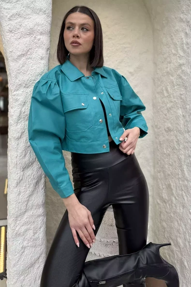 Koyumint Kadın Çift Cepli Çıtçıtlı Crop Top Suni Deri Ceket