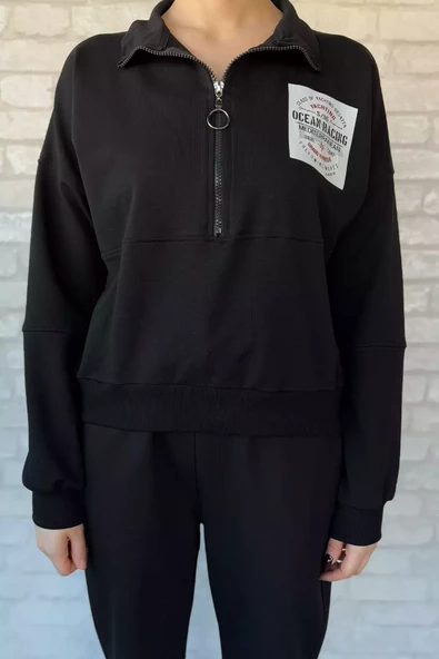 Siyah Kadın Dik Yaka Yarım Fermuarlı Sweat Pantolon Eşofman Takımı - 4
