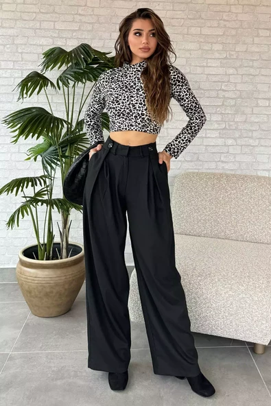 Siyah Kadın Bel Piliseli Düğme Detaylı Bol Paça Pantolon - 2