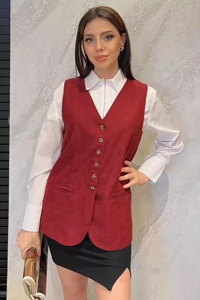 Bordo Kadın Kruvaze Yaka Astarlı Yelek - 2