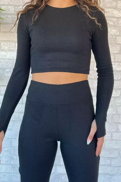 Siyah İspanyol Paça Pantolon Crop Top Bluz Yün Kaşkorse İkili Takım - 3