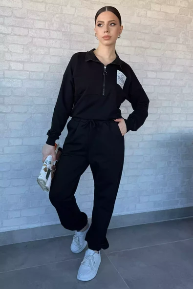 Siyah Kadın Dik Yaka Yarım Fermuarlı Sweat Pantolon Eşofman Takımı - 1