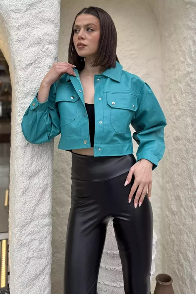 Koyumint Kadın Çift Cepli Çıtçıtlı Crop Top Suni Deri Ceket - 2