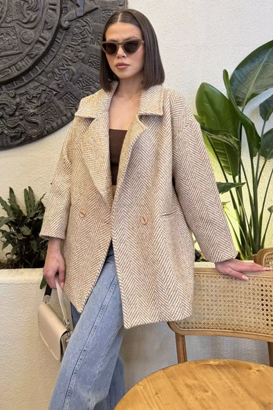 Bisküvi Kadın Astarlı Balıksırtı Desen Oversize Kaşe Kaban - 2