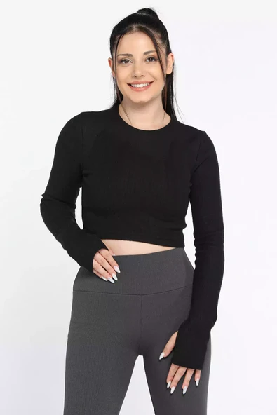 Siyah Kadın Bisiklet Yaka Kolu Pencereli Kaşkorse Crop Top Bluz - 2
