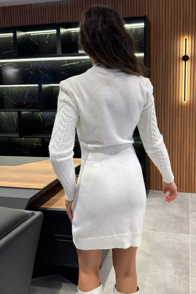 Krem Kadın Örgü Desenli Triko Elbise - 4