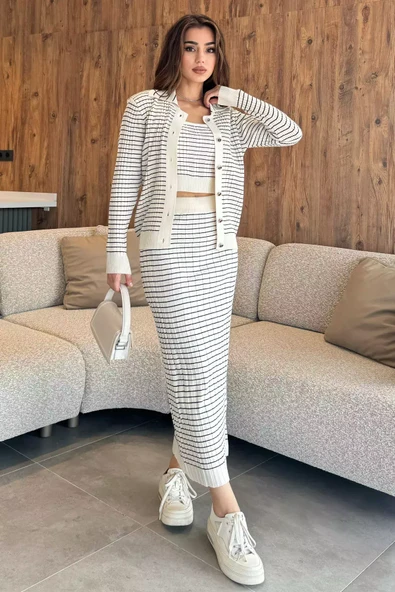 Taş Kadın Çizgili Crop Bluz Kazak Etek Triko Üçlü Takım