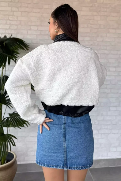 Krem Kadın Deri Garnili Cepli Peluş Ceket - 3