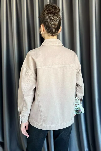 Bej Oversize Kadın Jean Kot Ceket - 4