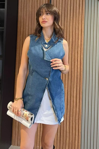 Mavi Kadın Bel Lastkli Jean Kot Yelek - 1