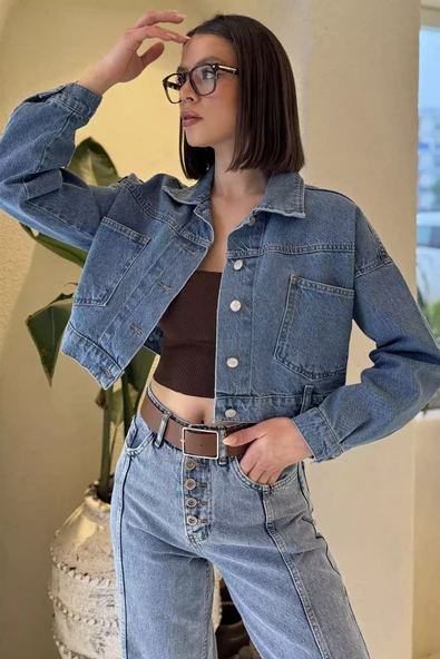Mavi Kemer Detaylı Kadın Kısa Jean Kot Ceket - 2