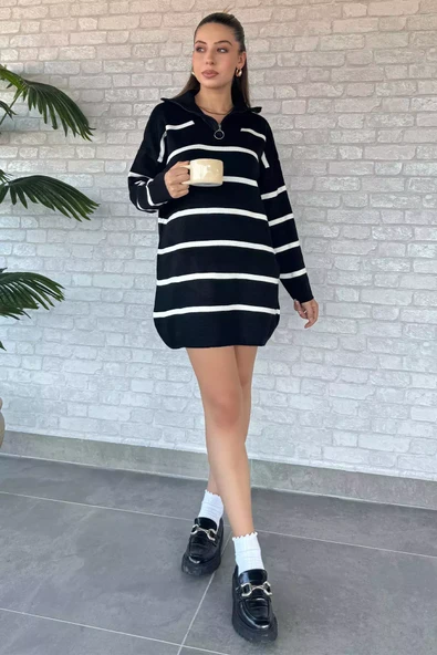 Siyah Çizgili Yarım Fermuarlı Triko Tunik - 1
