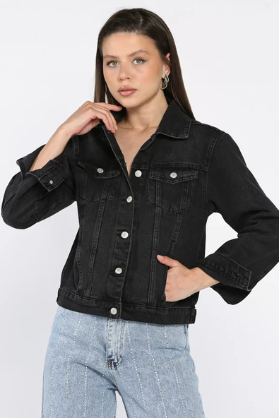 Siyah Kadın Slim Fit Jean Kot Ceket - 4