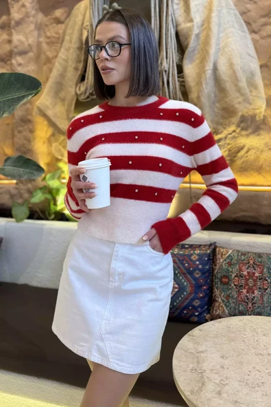 Kremkırmızı Kadın Balıkçı Yaka Taş Detaylı Crop Top Bluz - 1
