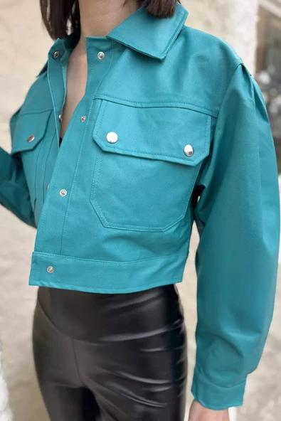 Koyumint Kadın Çift Cepli Çıtçıtlı Crop Top Suni Deri Ceket - 4