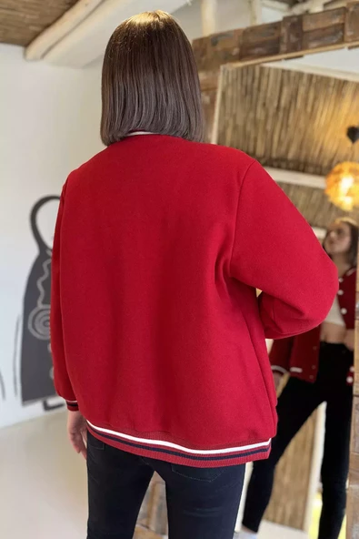 Kırmızı Kadın Şerit Detaylı Ön Çıtçıtlı Kolej Ceket - 4