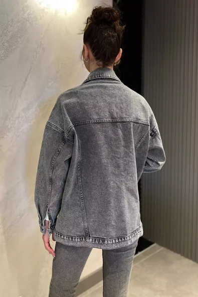 Antrasit Kadın Oversize Jean Kot Ceket - 4