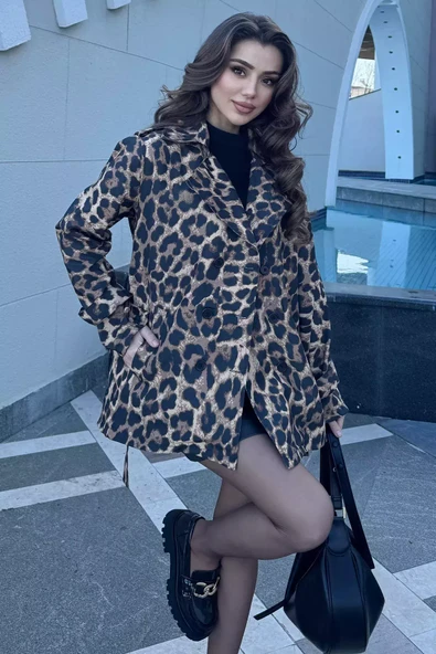 Leopar Desen Leopar Desenli Kuşaklı Kadın Trençkot - 2