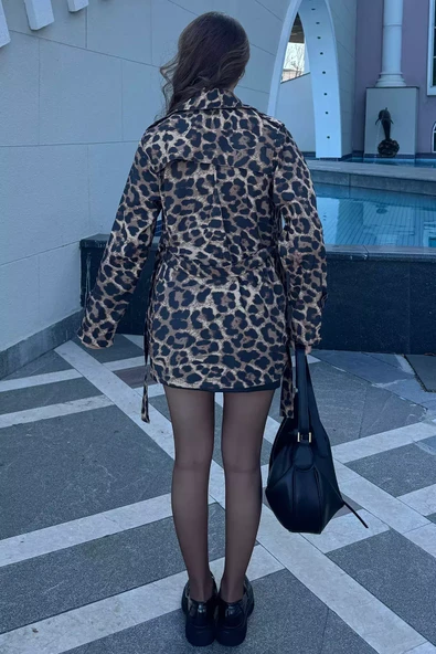 Leopar Desen Leopar Desenli Kuşaklı Kadın Trençkot - 4