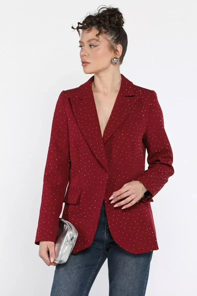 Bordo Taş Detaylı Kadın Tarz Blazer Ceket - 2